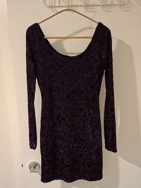Xhiliration Deep Purple Velvet Burn-out Stretchy Scoop-neck Mini Dress (Size S)
